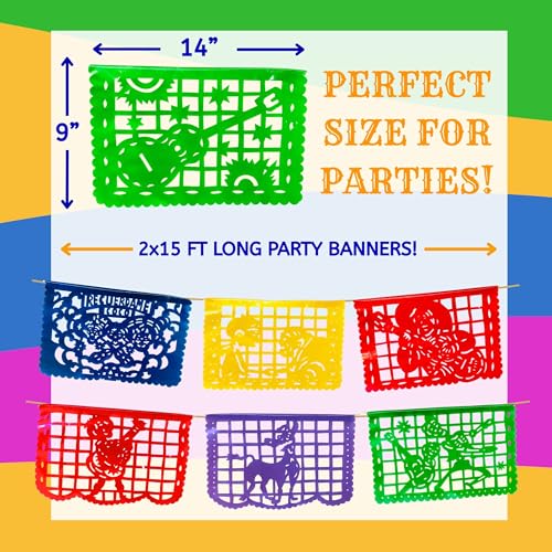 Plastic Papel Picado Banner Set (2 Pack) – 30ft Mexican Party Décor for Día de Muertos, Cinco de Mayo, Birthdays
