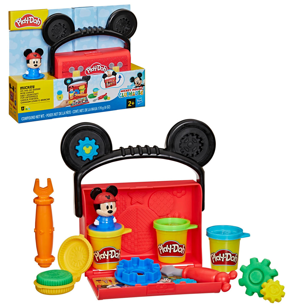 Play-Doh Disney Junior Mickey Mouse On-the-Go Garage Playset – Portable Arts & Crafts with 3 Cans and 4 Tools for Kids 2+