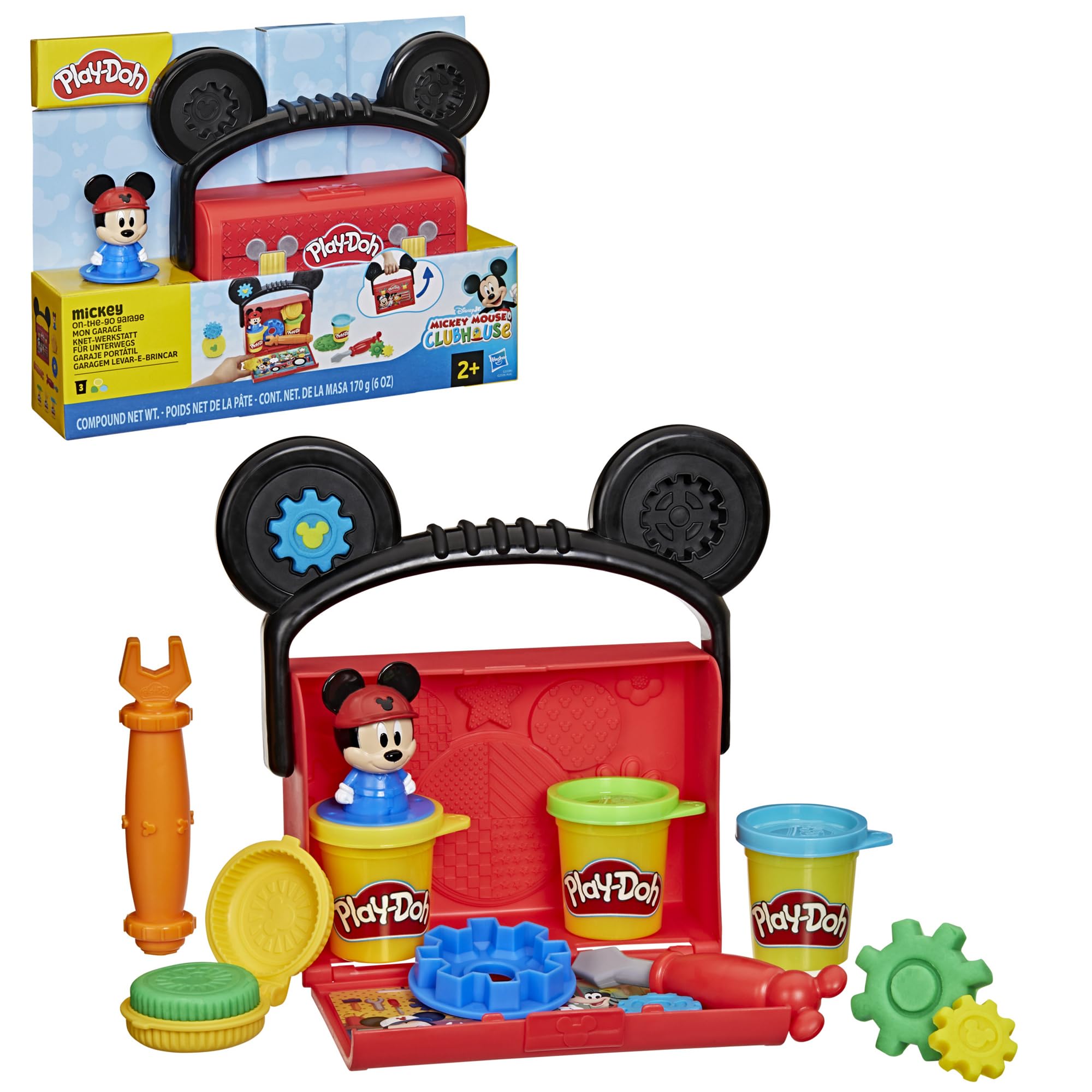 Play-Doh Disney Junior Mickey Mouse On-the-Go Garage Playset – Portable Arts & Crafts with 3 Cans and 4 Tools for Kids 2+