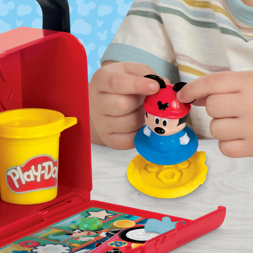 Play-Doh Disney Junior Mickey Mouse On-the-Go Garage Playset – Portable Arts & Crafts with 3 Cans and 4 Tools for Kids 2+