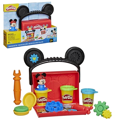 Play-Doh Disney Junior Mickey Mouse On-the-Go Garage Playset – Portable Arts & Crafts with 3 Cans and 4 Tools for Kids 2+