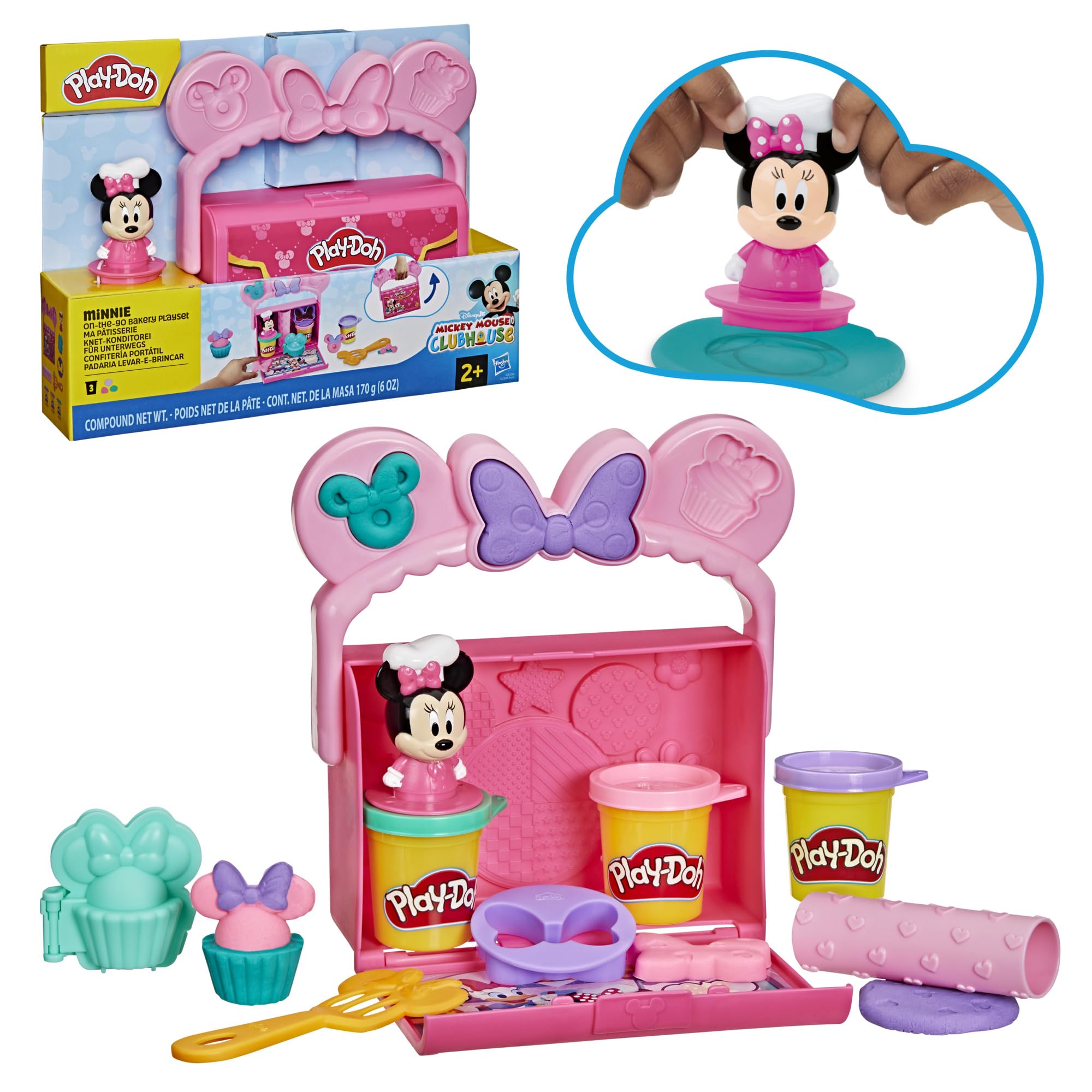 Play-Doh Disney Minnie Mouse On-the-Go Bakery Playset with Stamper Figure & 3 Cans, Toddler Arts & Crafts Toy for Ages 2+