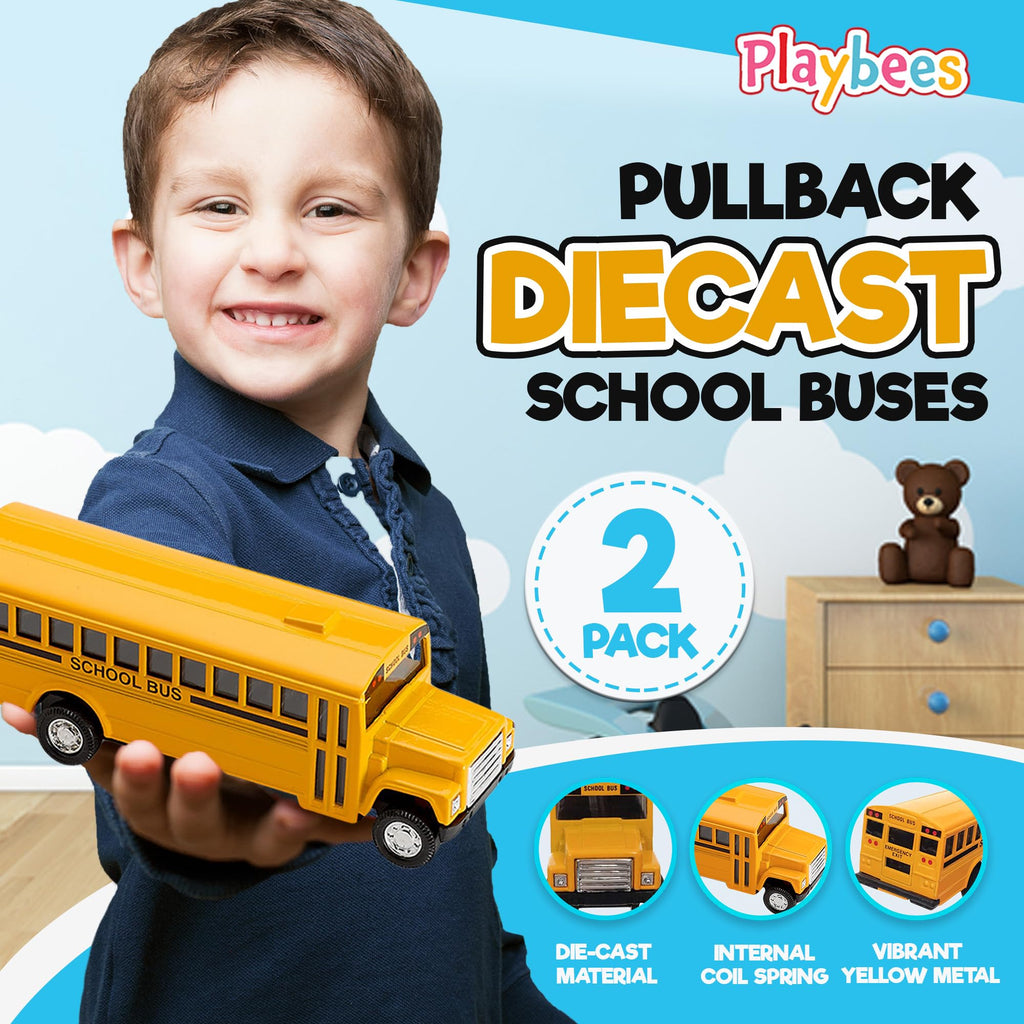 Playbees 2-Pack Pullback Diecast School Buses - Yellow Metal with Write-On Surfaces, 5 Inch Party Favors for Kids