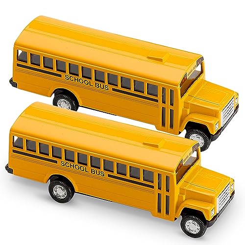 Playbees 2-Pack Pullback Diecast School Buses - Yellow Metal with Write-On Surfaces, 5 Inch Party Favors for Kids