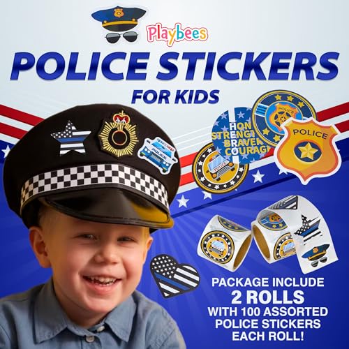 Playbees 200-Pack Police Stickers for Kids – Law Enforcement Badges, Thin Blue Line, American Flag & Car Designs