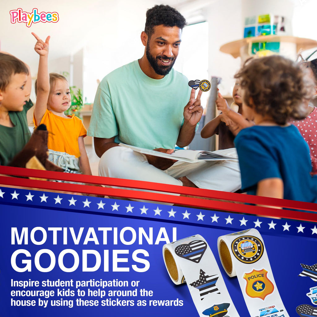 Playbees 200-Pack Police Stickers for Kids – Law Enforcement Badges, Thin Blue Line, American Flag & Car Designs