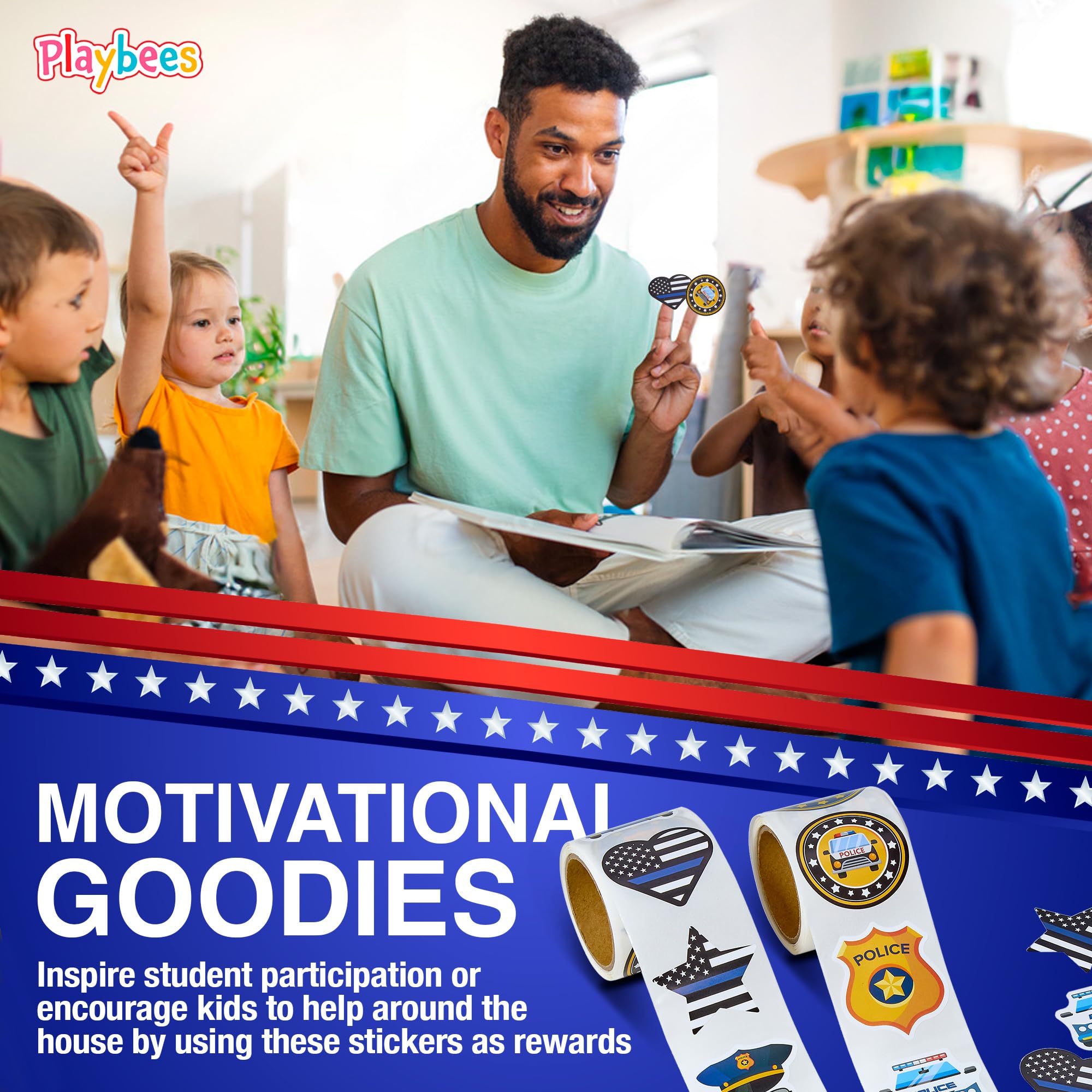 Playbees 200-Pack Police Stickers for Kids – Law Enforcement Badges, Thin Blue Line, American Flag & Car Designs