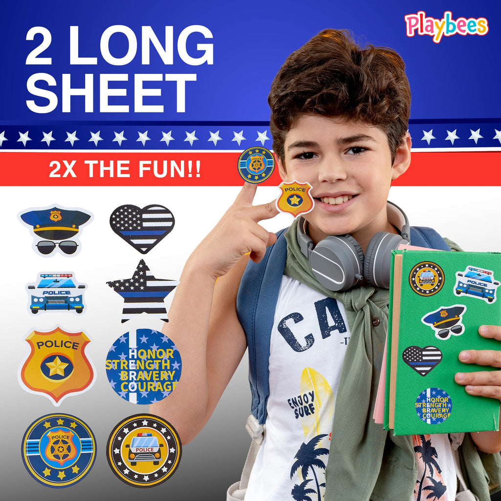 Playbees 200-Pack Police Stickers for Kids – Law Enforcement Badges, Thin Blue Line, American Flag & Car Designs