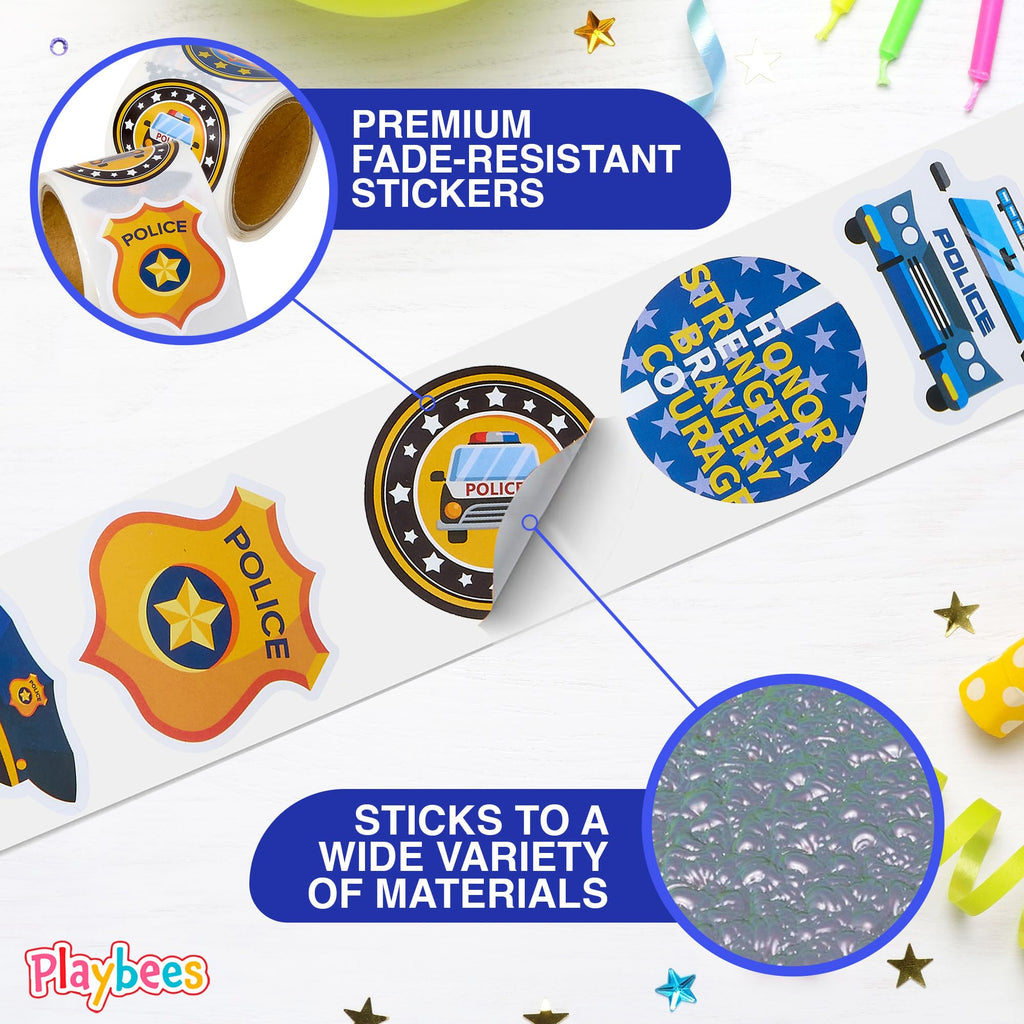 Playbees 200-Pack Police Stickers for Kids – Law Enforcement Badges, Thin Blue Line, American Flag & Car Designs
