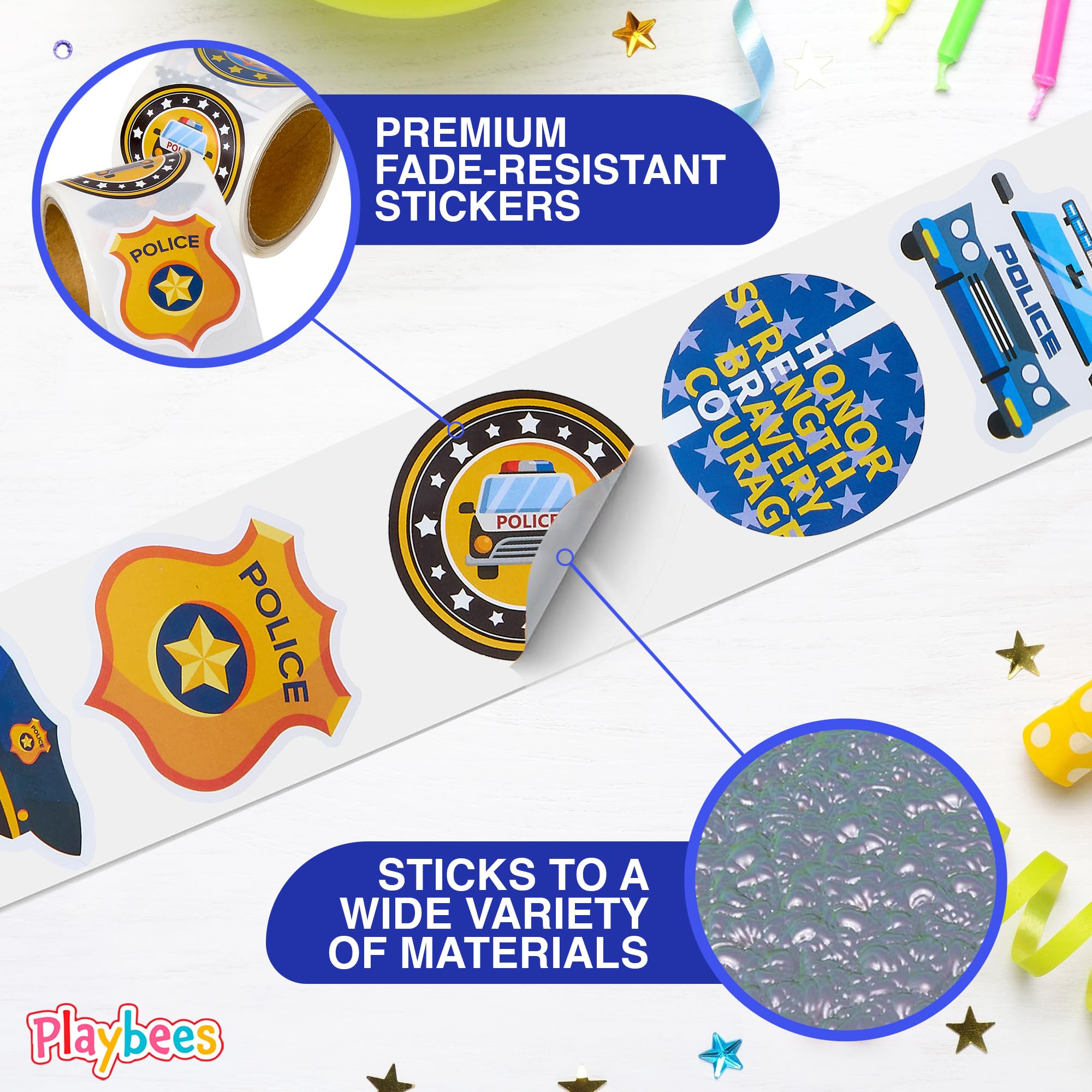Playbees 200-Pack Police Stickers for Kids – Law Enforcement Badges, Thin Blue Line, American Flag & Car Designs