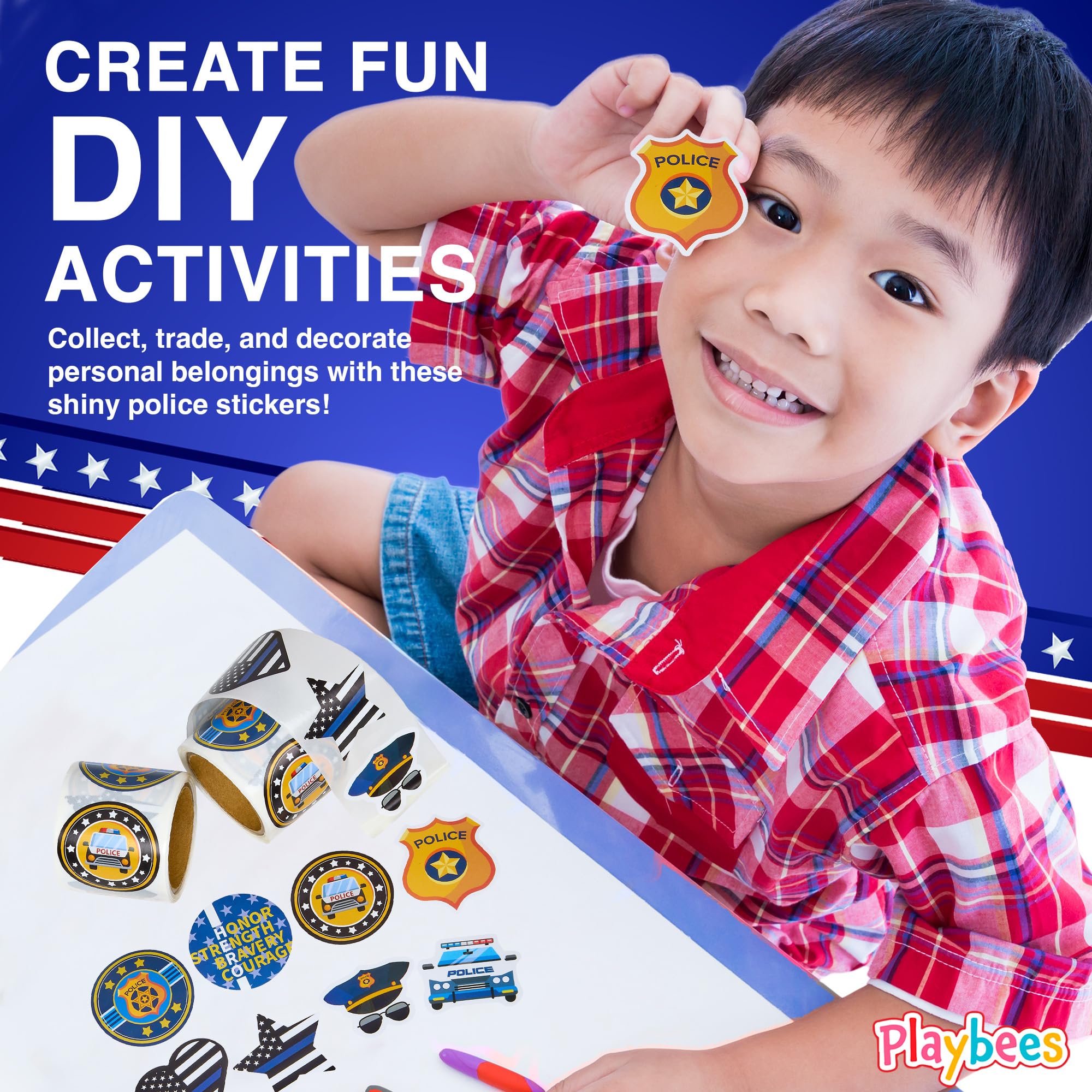 Playbees 200-Pack Police Stickers for Kids – Law Enforcement Badges, Thin Blue Line, American Flag & Car Designs
