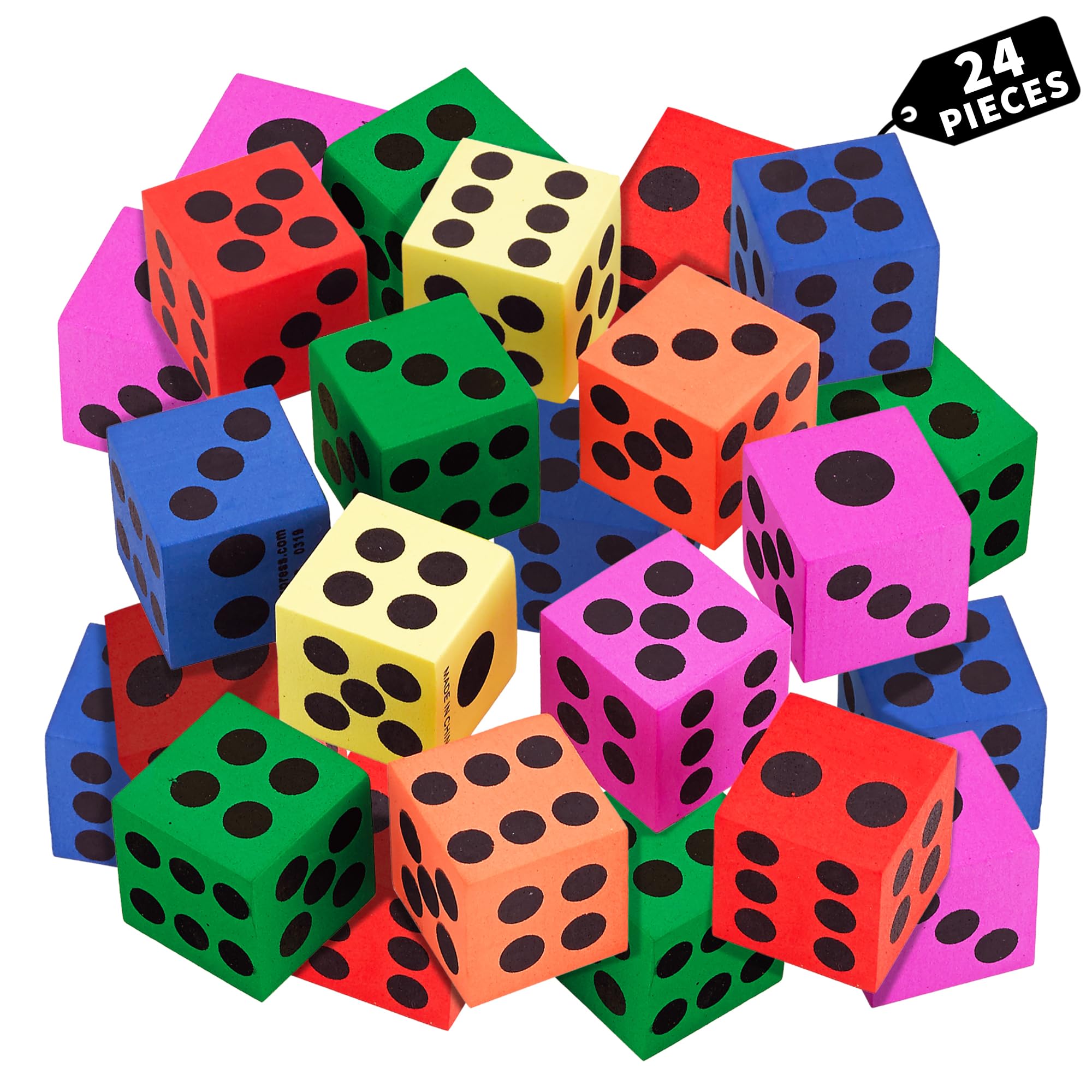 Playbees 24-Pack Foam Dice Set – 1.5 Inch Jumbo Non-Toxic Dice for Classroom Math, Games & Party Activities, Ages 3+