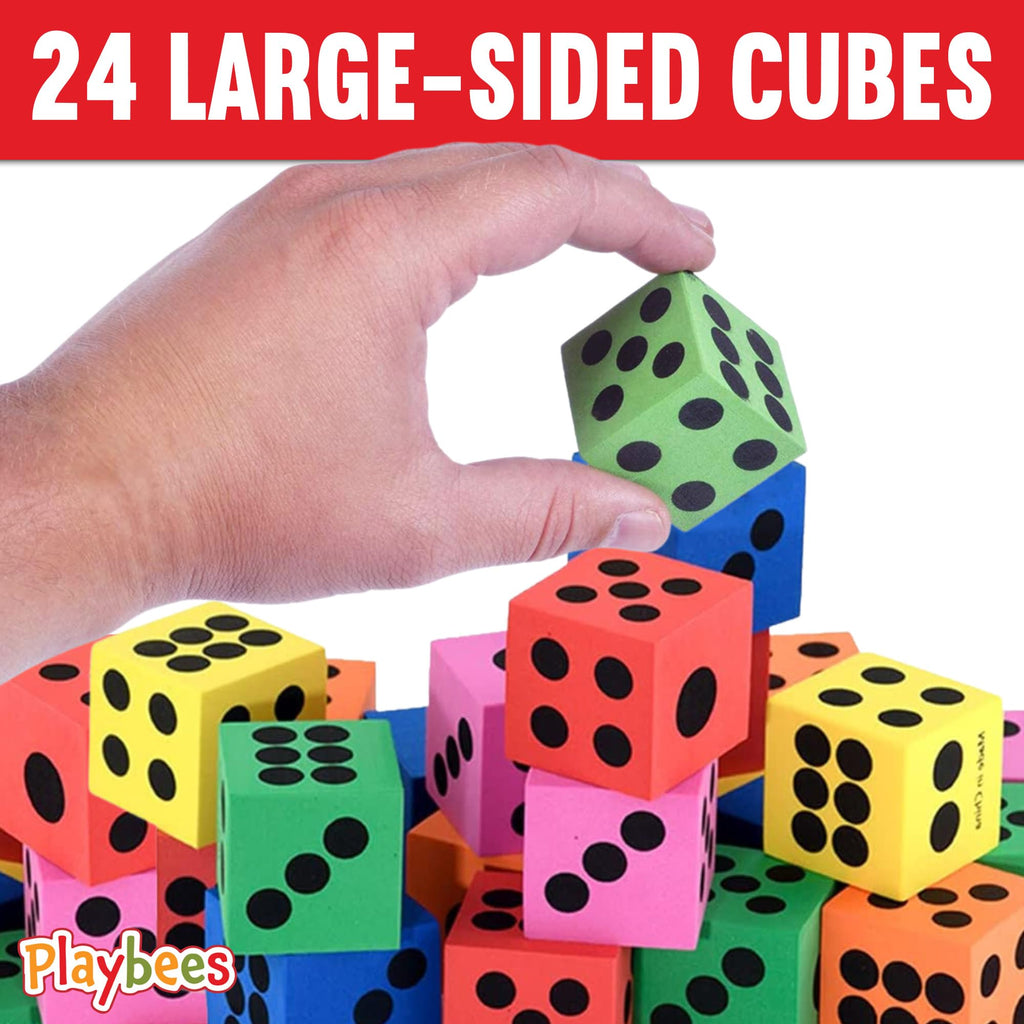 Playbees 24-Pack Foam Dice Set – 1.5 Inch Jumbo Non-Toxic Dice for Classroom Math, Games & Party Activities, Ages 3+