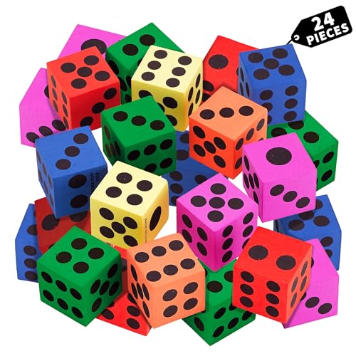 Playbees 24-Pack Foam Dice Set – 1.5 Inch Jumbo Non-Toxic Dice for Classroom Math, Games & Party Activities, Ages 3+