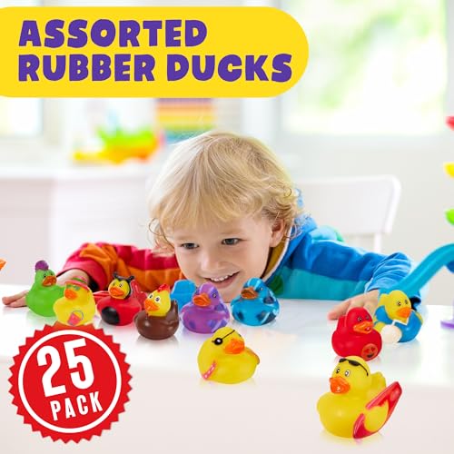 Playbees 25-Pack Assorted Rubber Duckies – 2-Inch Vinyl Bath Toys for Kids, Party Favors, and Sensory Play