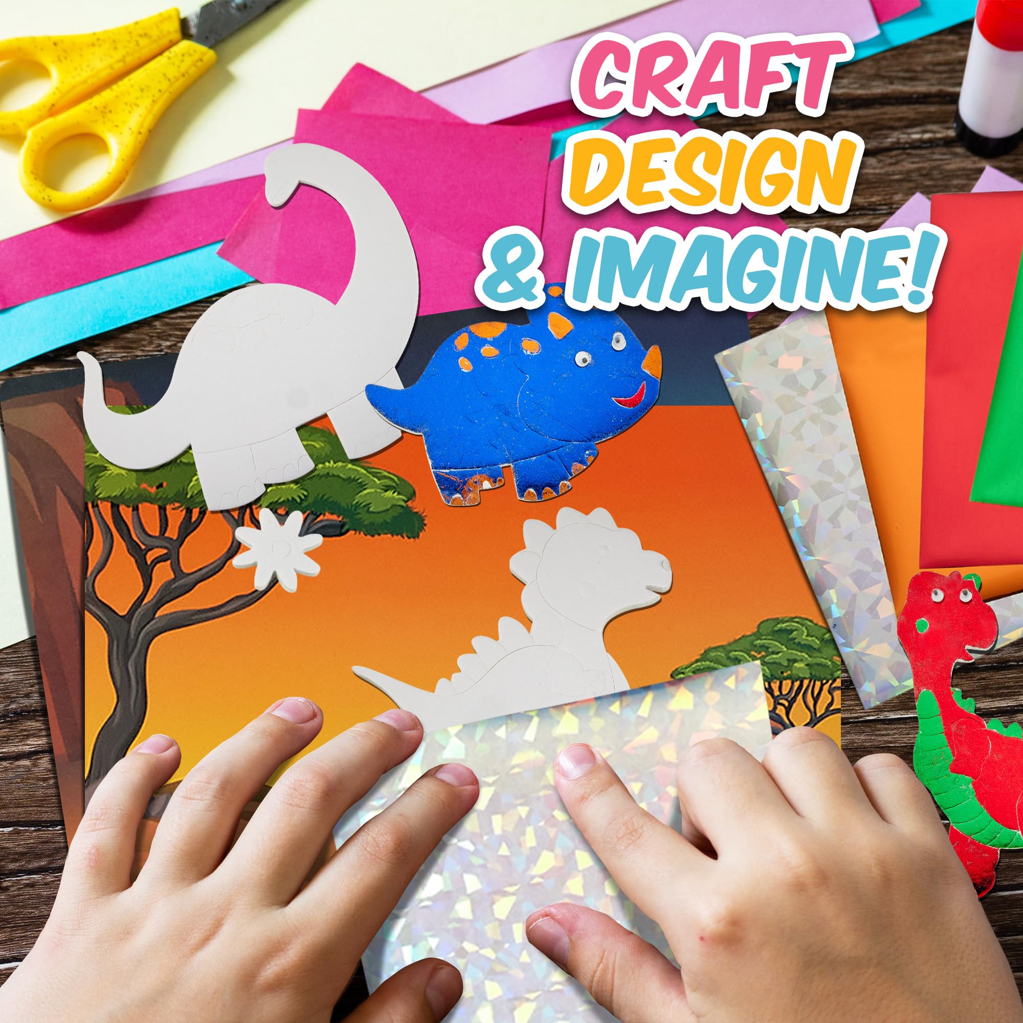Playbees Dinosaur Foil Art Kit – Mess-Free Arts and Crafts for Kids Ages 3-9 with 100+ Stickers and Foil Sheets