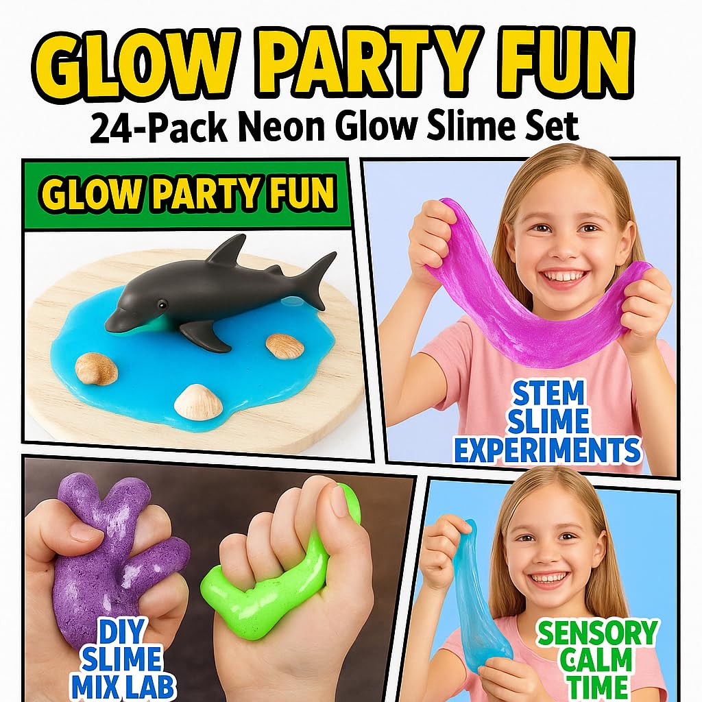 Playbees Glow in the Dark Slime 6-Pack – Neon Party Favors for Kids Ages 3+ – Non-Toxic Sensory Putty with Stretchy Gooey Fun for Birthdays, Halloween, Classrooms & Goody Bags