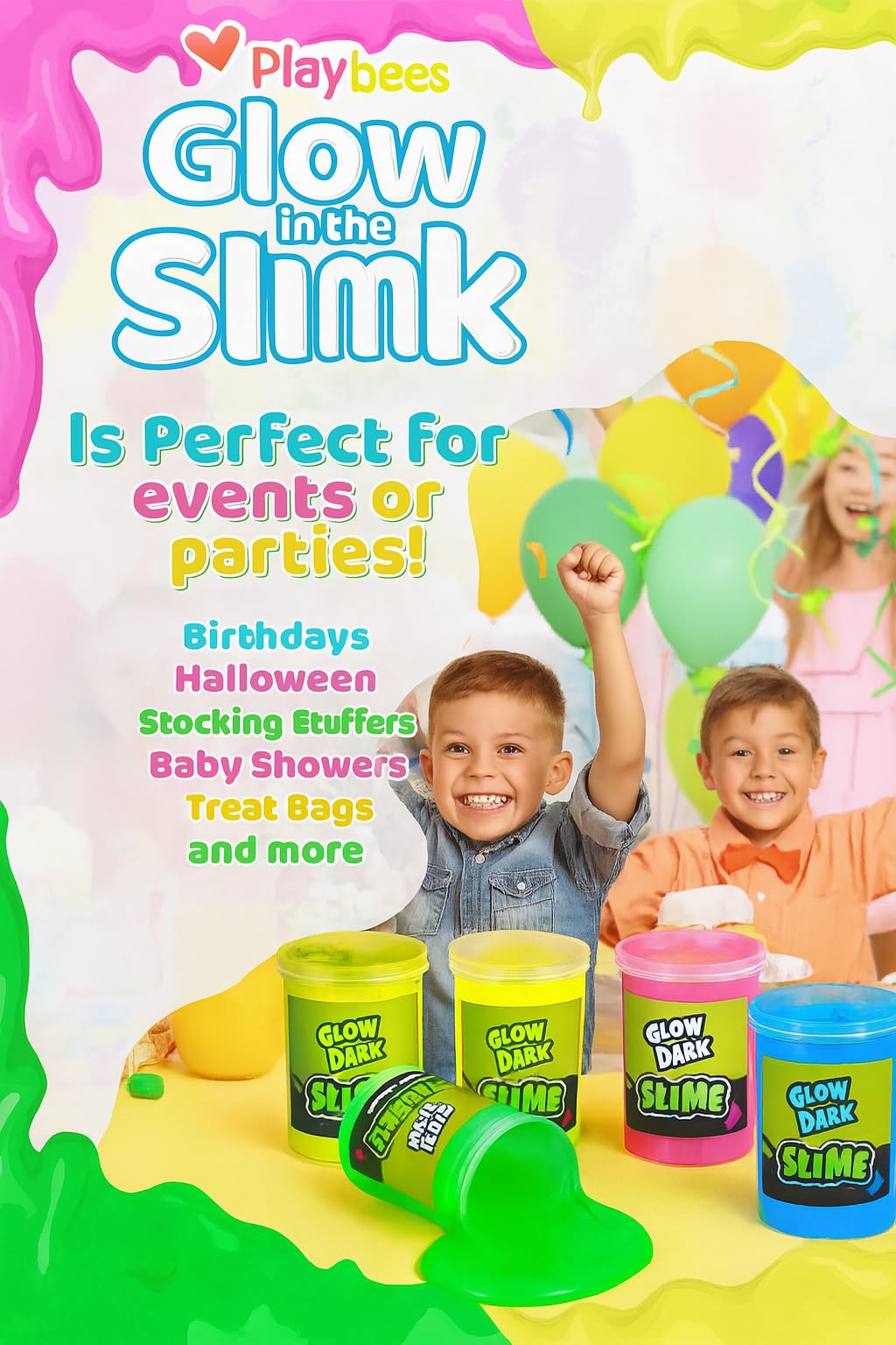 Playbees Glow in the Dark Slime 6-Pack – Neon Party Favors for Kids Ages 3+ – Non-Toxic Sensory Putty with Stretchy Gooey Fun for Birthdays, Halloween, Classrooms & Goody Bags