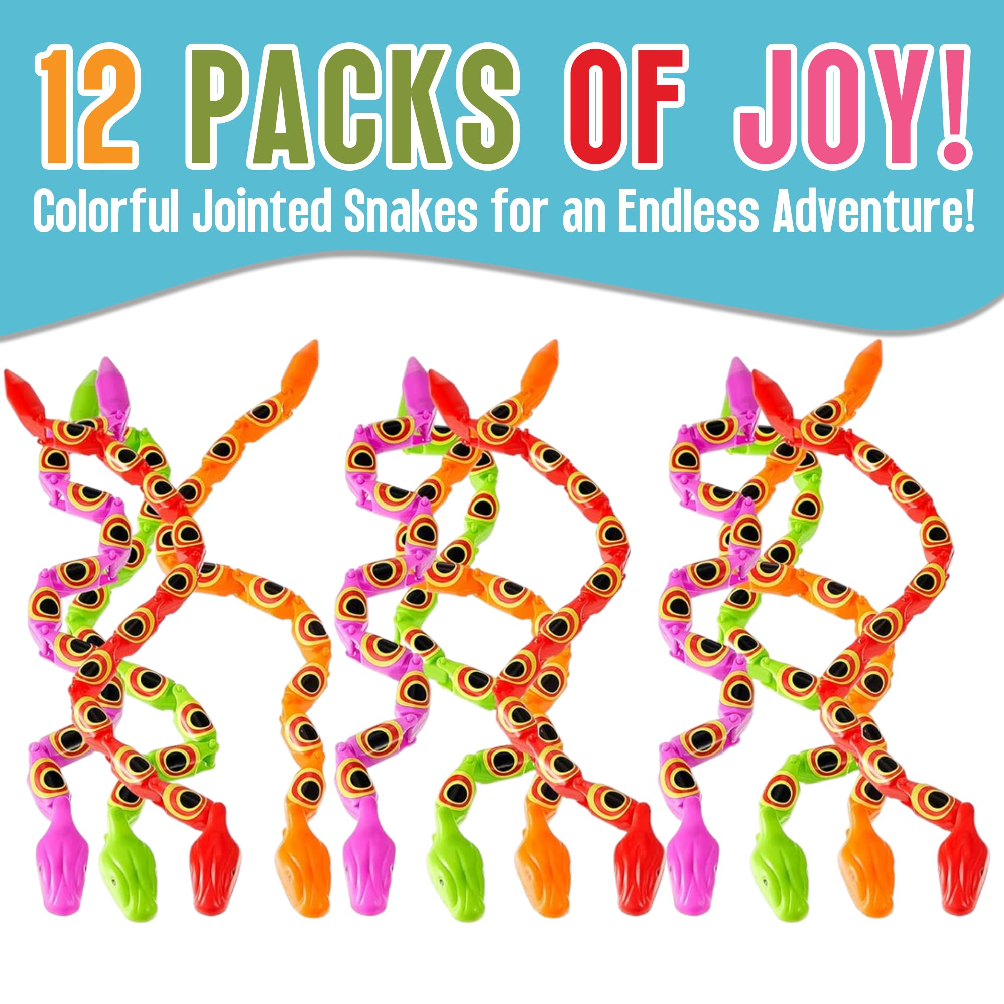 Playbees Wiggly Jointed Snakes - Pack of 12 - Flexible Plastic Snake Toys for Party Favors, Goody Bags, and Fidget Fun