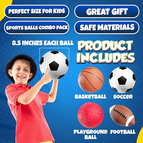 PlayBolt 4-Pack Sports Balls for Kids & Toddlers – 5-Inch Soft Rubber Set with Hand Pump