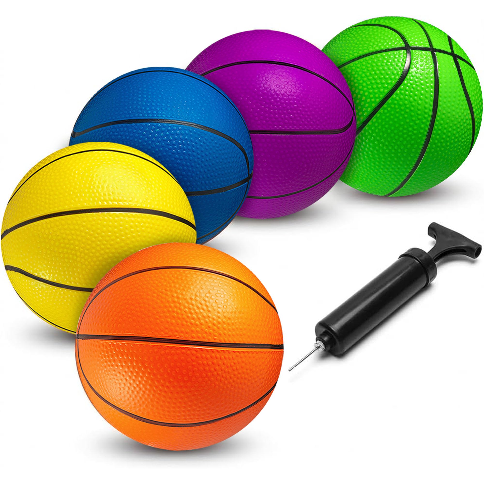 PlayBolt Mini Basketball Set for Kids - 6 Inch (5 Pack) with Hand Pump - Indoor Outdoor Toddler Hoop Balls