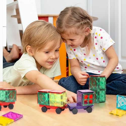 Playmags Magnetic Car Set (2 Pieces) – 6x3-Inch Wheel Bases with 12 Strong Magnets for Magnetic Tiles STEM Building