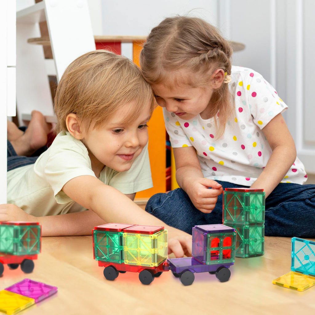 Playmags Magnetic Car Set (2 Pieces) – 6x3-Inch Wheel Bases with 12 Strong Magnets for Magnetic Tiles STEM Building