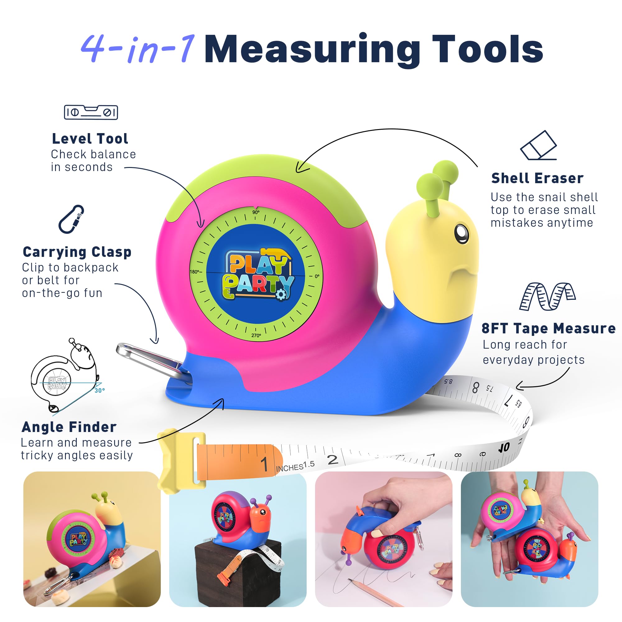 PLAYPARTY 8ft Snail Tape Measure for Kids – Green STEM Tool with Level, Protractor, Eraser