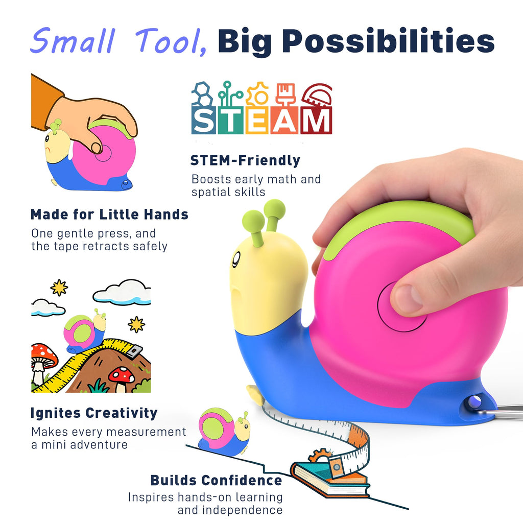 PLAYPARTY 8ft Snail Tape Measure for Kids – Green STEM Tool with Level, Protractor, Eraser