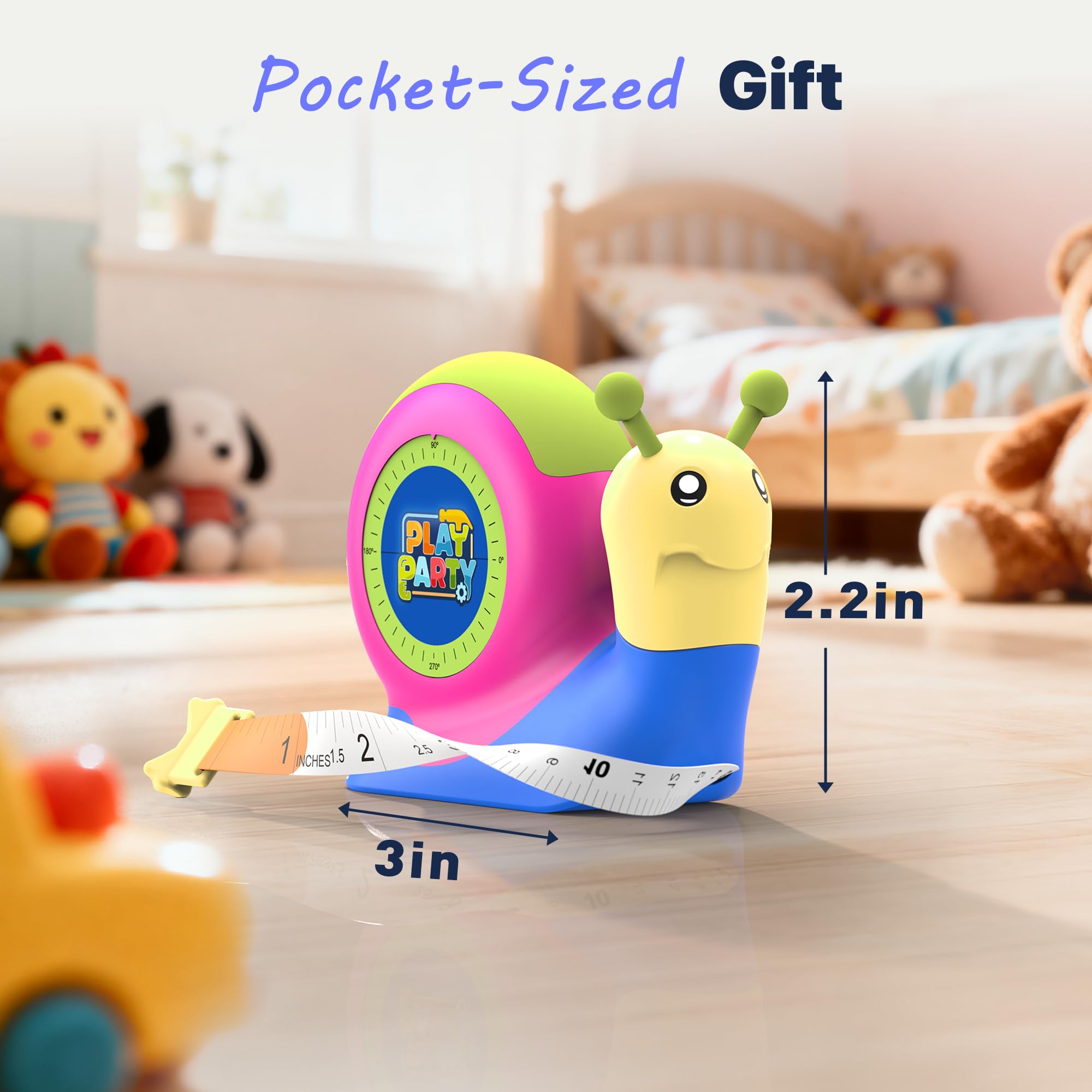 PLAYPARTY 8ft Snail Tape Measure for Kids – Green STEM Tool with Level, Protractor, Eraser