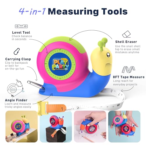 PLAYPARTY 8ft Snail Tape Measure for Kids – Green STEM Tool with Level, Protractor, Eraser