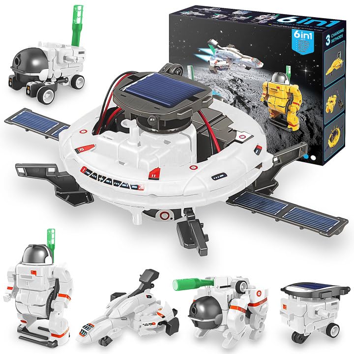 Playsheek 6-in-1 Solar Robot Kit STEM Projects for Kids Ages 8-12 - Build 6 Space Robots, 3 Charging Methods, White