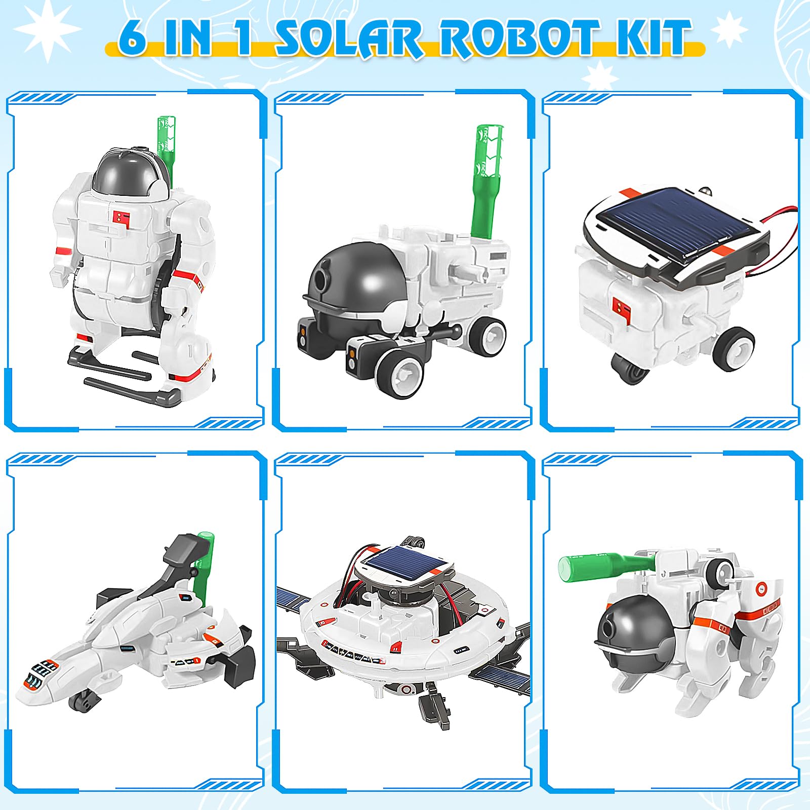 Playsheek 6-in-1 Solar Robot Kit STEM Projects for Kids Ages 8-12 - Build 6 Space Robots, 3 Charging Methods, White