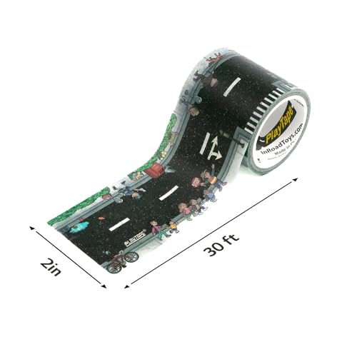 PlayTape Neighborhood Road Tape – 2in x 30ft Paper Road Tape for Toy Cars, Sticks to Flat Surfaces, No Residue, Tear by Hand