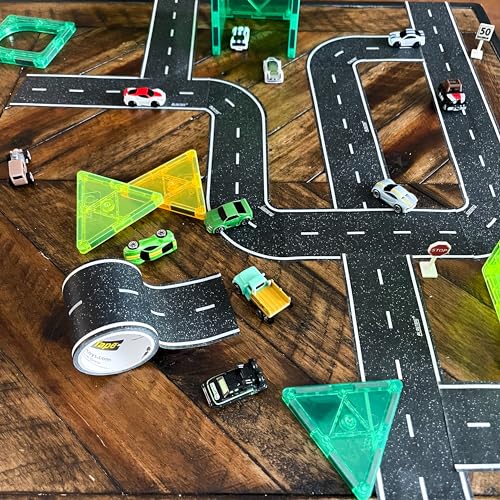 PlayTape Road Tape Curves – 12 Curved Pieces for Toy Car Roads, 4 Inches Wide, No Residue
