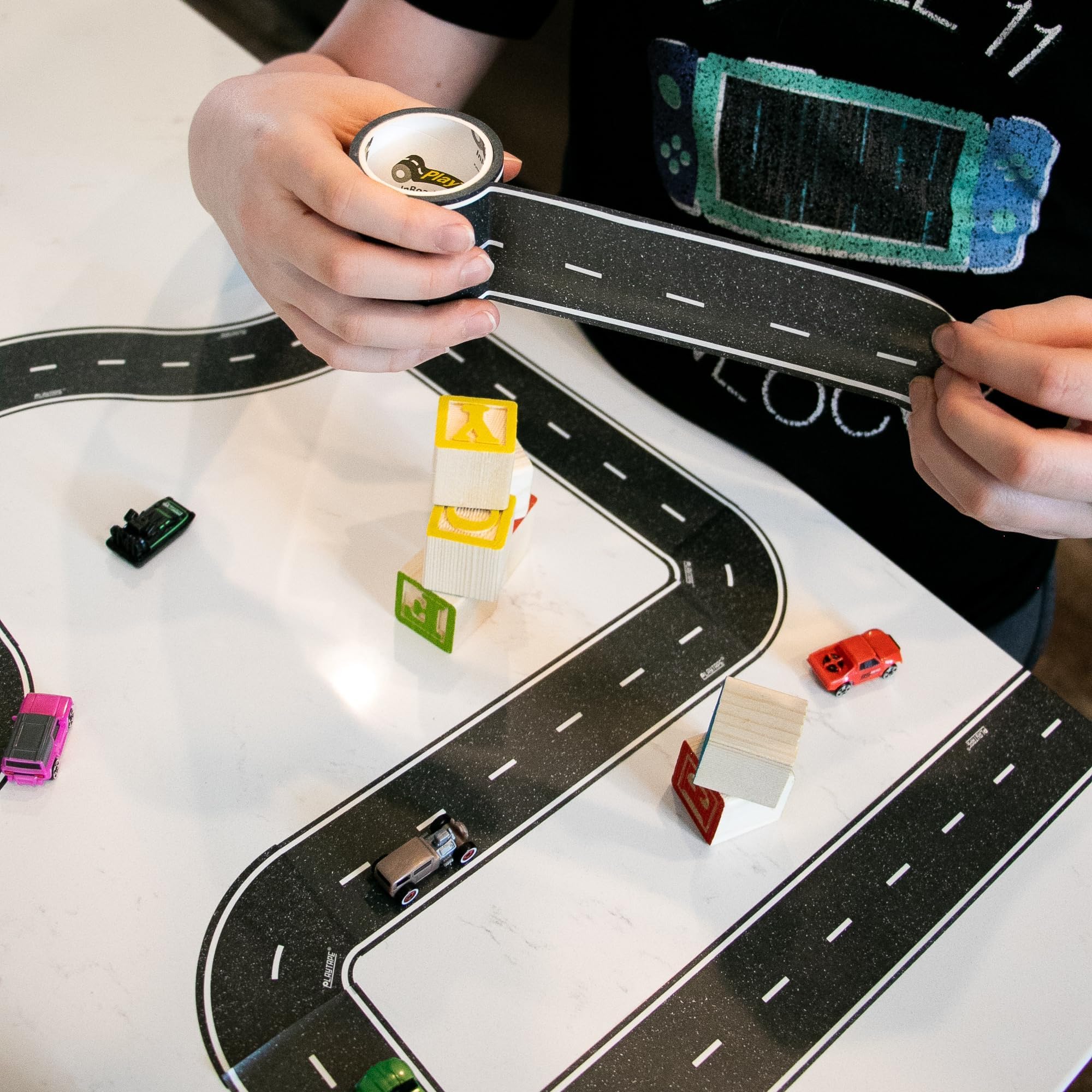 PlayTape Road Tape for Toy Cars – 2" Wide x 30 ft Asphalt Road, Sticks to Flat Surfaces, No Residue