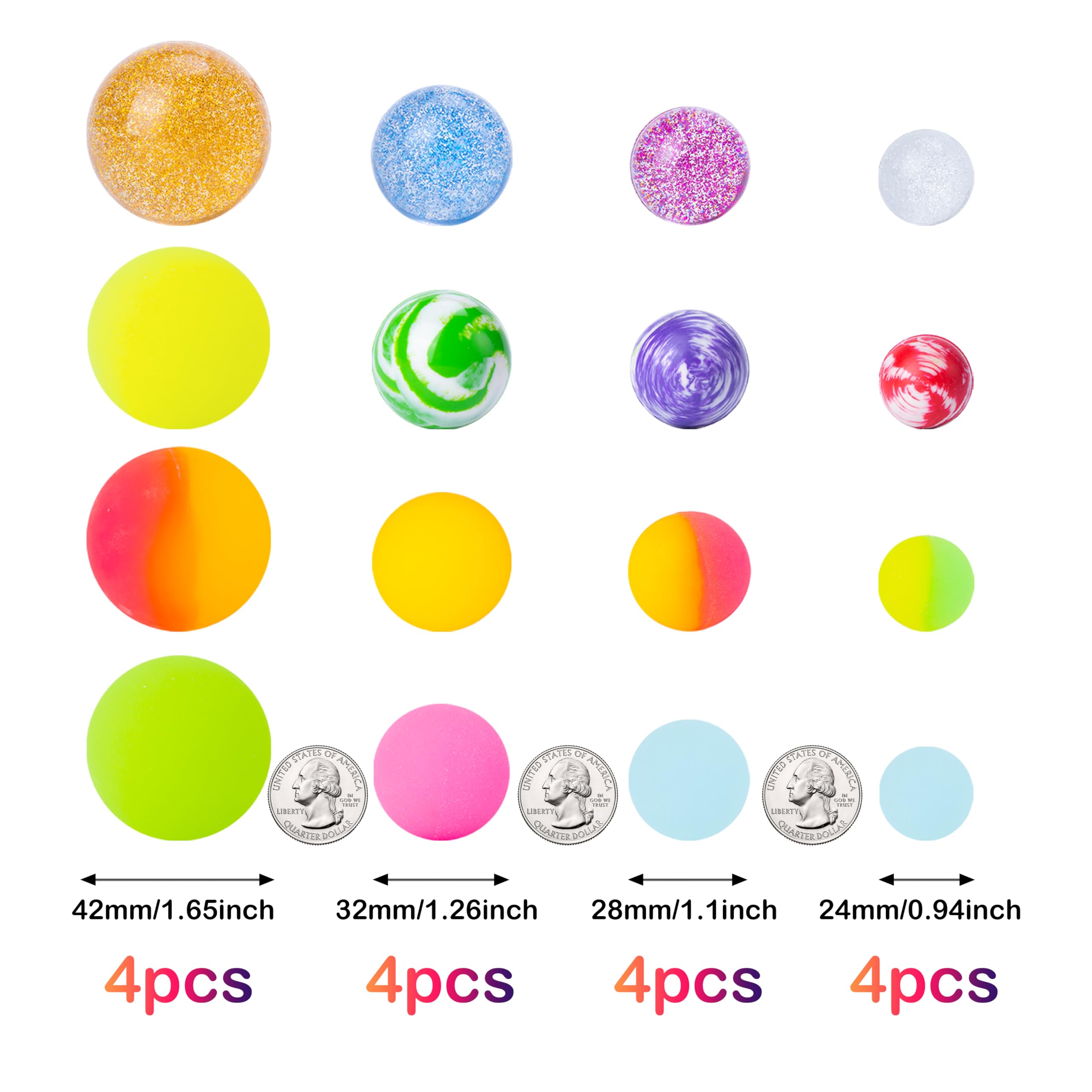 Pllieay 16-Pack Bouncy Balls for Kids - 4 Sizes Assorted Colors Party Favors