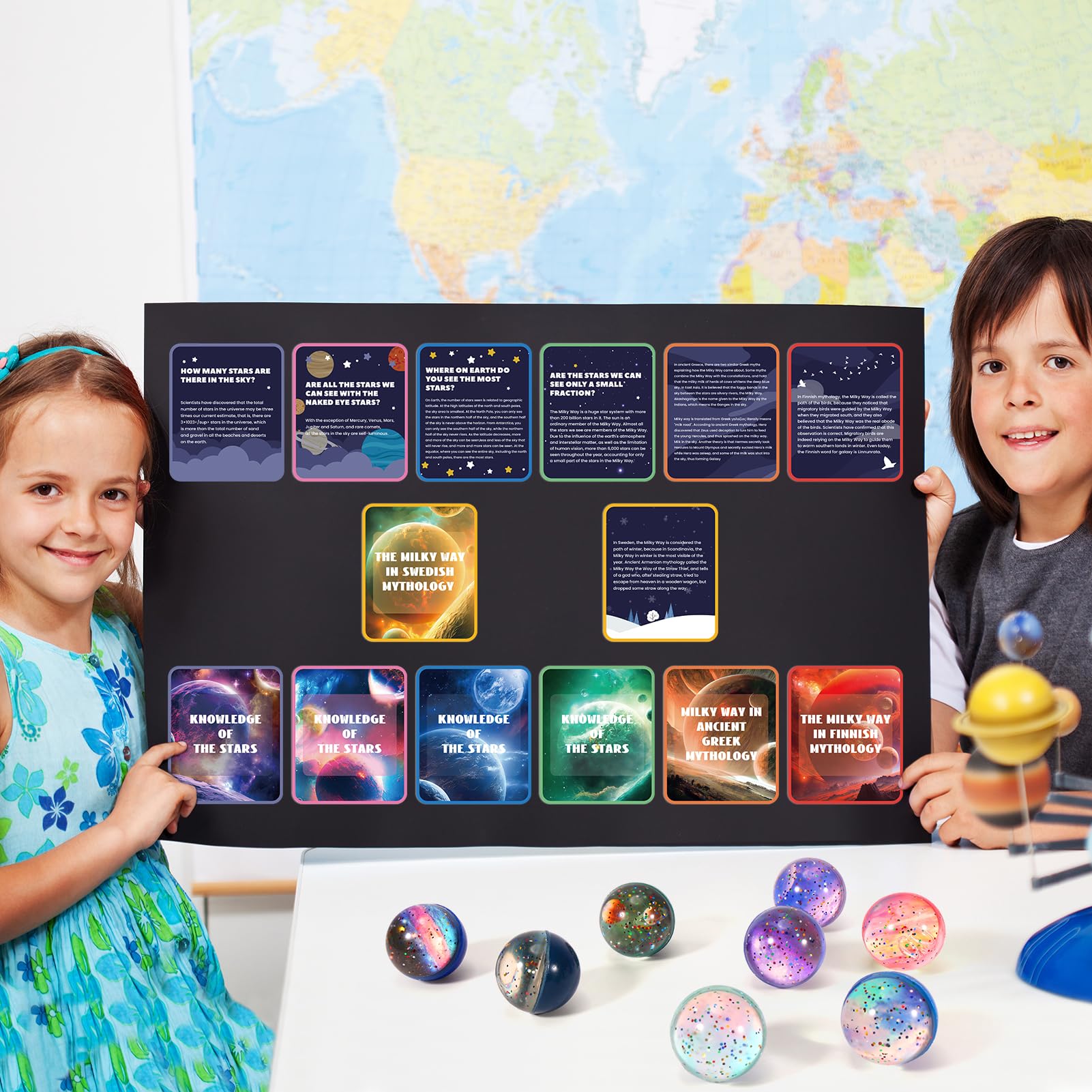 Pllieay 16-Piece Galaxy Space Toy Set: Bouncy Balls & Flashcards for Kids