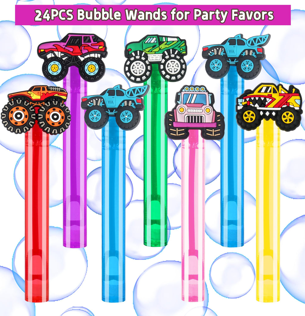 PLOUGVI 24-Pack Truck Bubble Wands for Kids Party Favors – 6 Detachable Truck Toppers, 6 Colors, ASTM-Certified Non-Toxic Bubble Solution