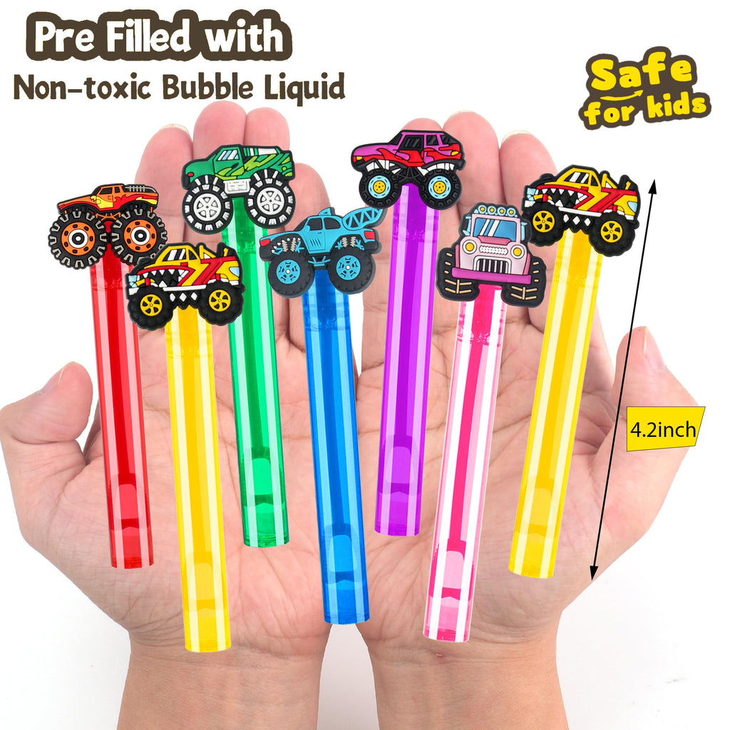 PLOUGVI 24-Pack Truck Bubble Wands for Kids Party Favors – 6 Detachable Truck Toppers, 6 Colors, ASTM-Certified Non-Toxic Bubble Solution