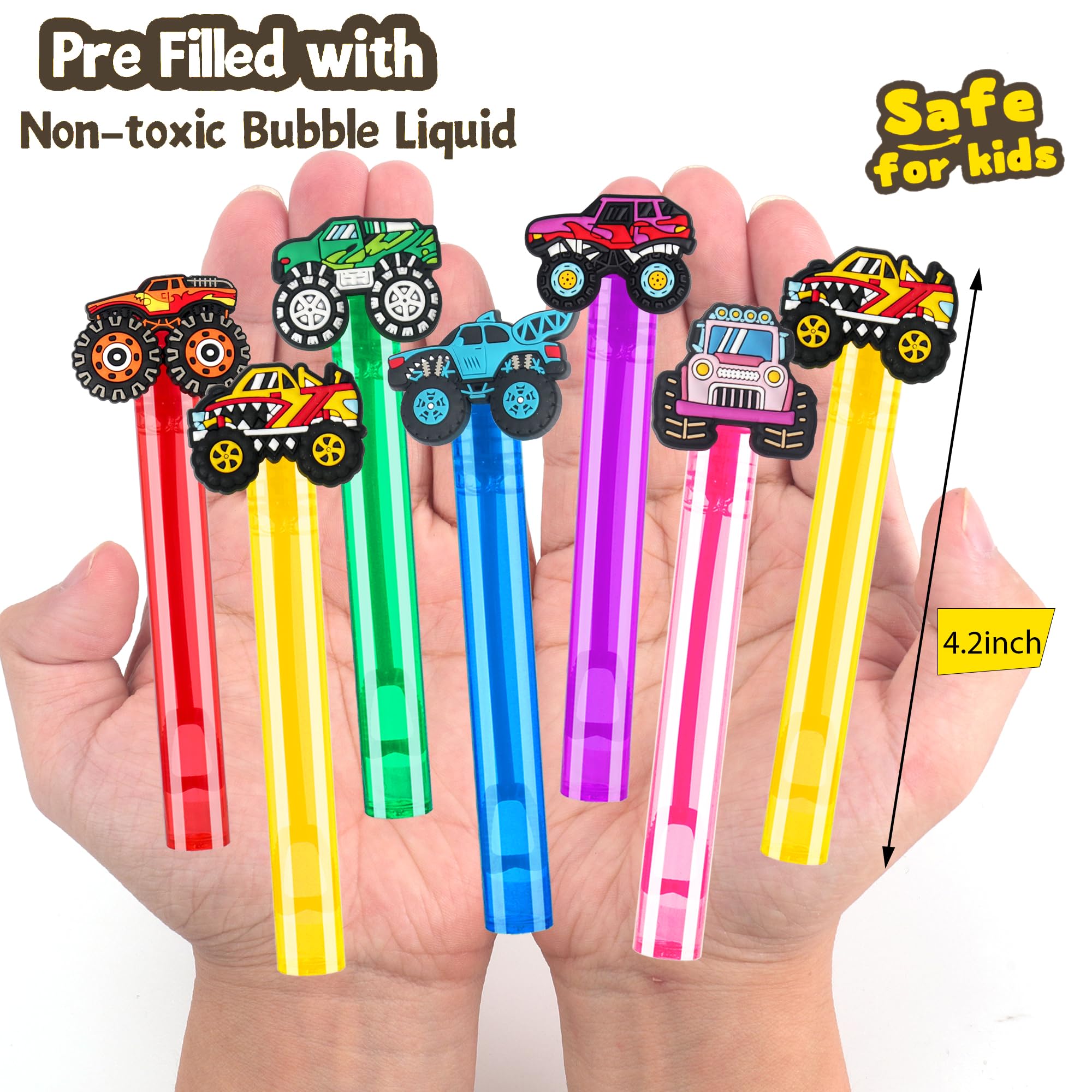 PLOUGVI 24-Pack Truck Bubble Wands for Kids Party Favors – 6 Detachable Truck Toppers, 6 Colors, ASTM-Certified Non-Toxic Bubble Solution
