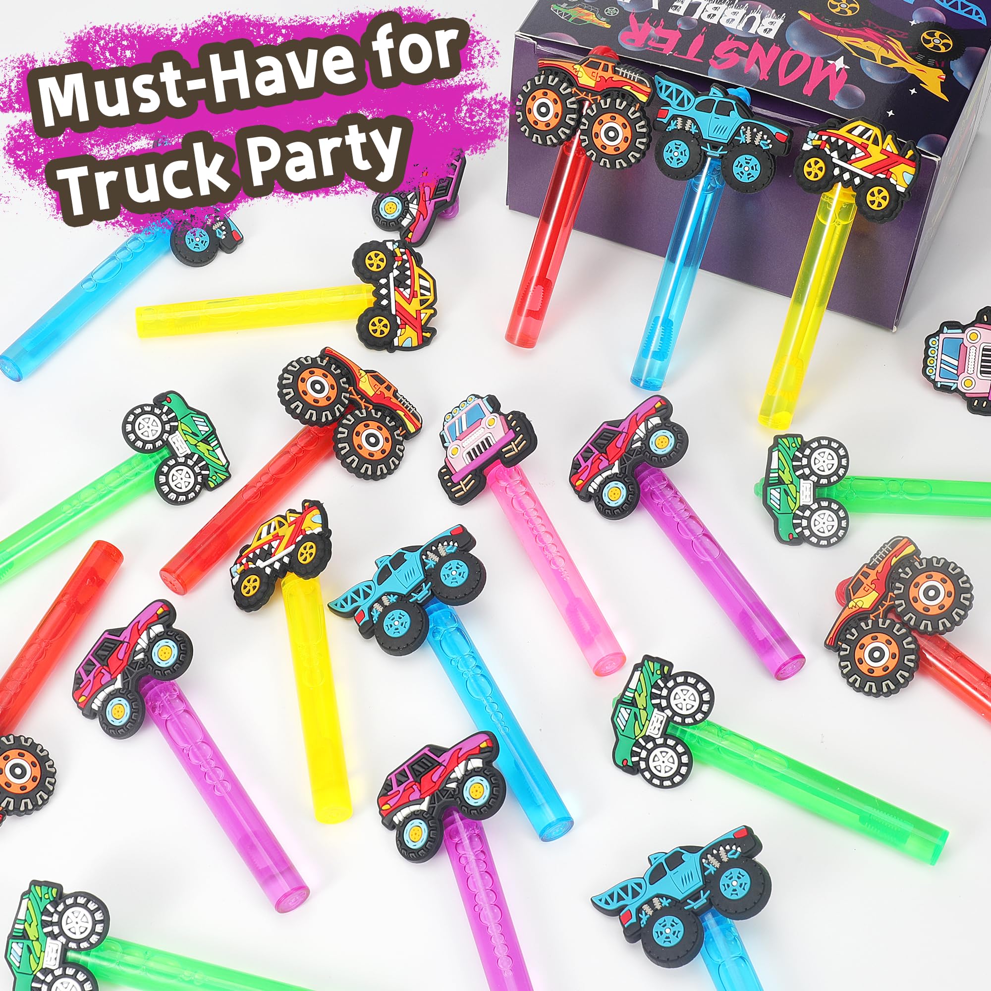 PLOUGVI 24-Pack Truck Bubble Wands for Kids Party Favors – 6 Detachable Truck Toppers, 6 Colors, ASTM-Certified Non-Toxic Bubble Solution