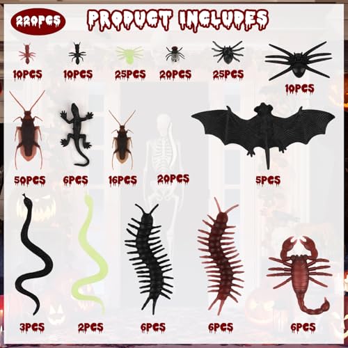 PLULON 220 Pcs Realistic Fake Bugs – Cockroaches, Spiders, Scorpions & More for Pranks, Parties & Teaching