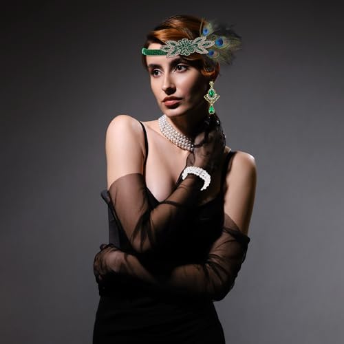 PLULON 6-Piece 1920s Flapper Accessory Set – Roaring 20s Costume Kit with Headband, Gloves, Jewelry & Prop