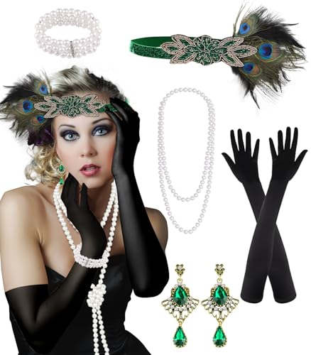 PLULON 6-Piece 1920s Flapper Accessory Set – Roaring 20s Costume Kit with Headband, Gloves, Jewelry & Prop