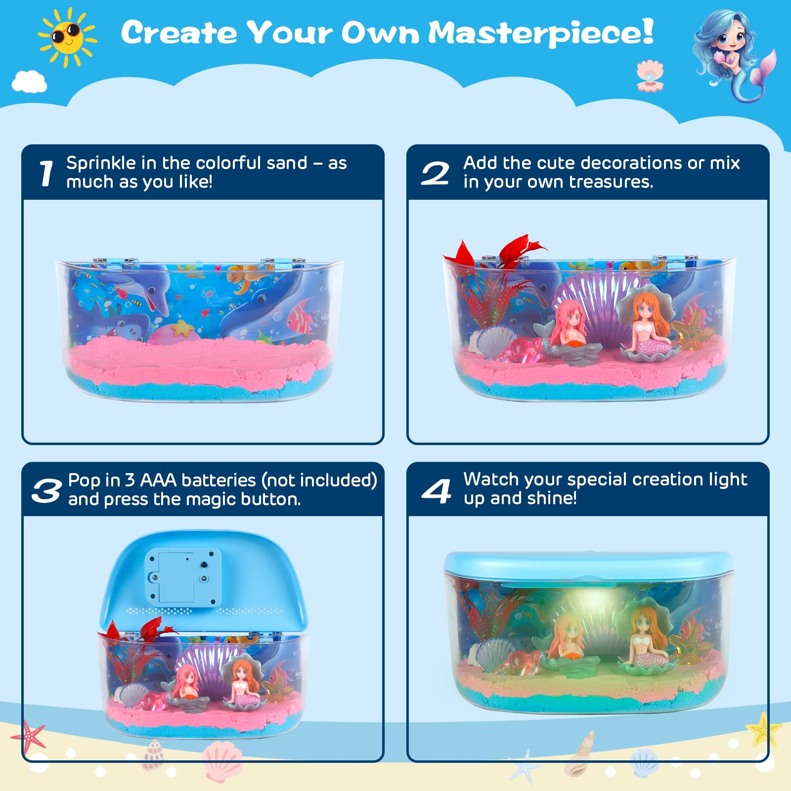 Plunack Mermaid Terrarium Light Up Kit for Kids - DIY Craft Toy with LED Night Light & Remote, Birthday Gift for Girls Ages 4-12