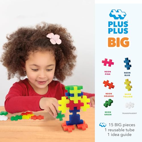 PLUS PLUS Big 15-Piece Neon Mix Tube – Oversized Building Blocks for Toddlers