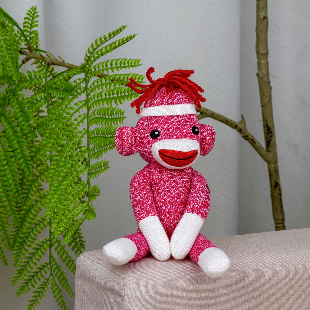 Plushland 8-Inch Pink Sock Monkey – Soft Knitted Stuffed Animal with Embroidered Face and Red Heel