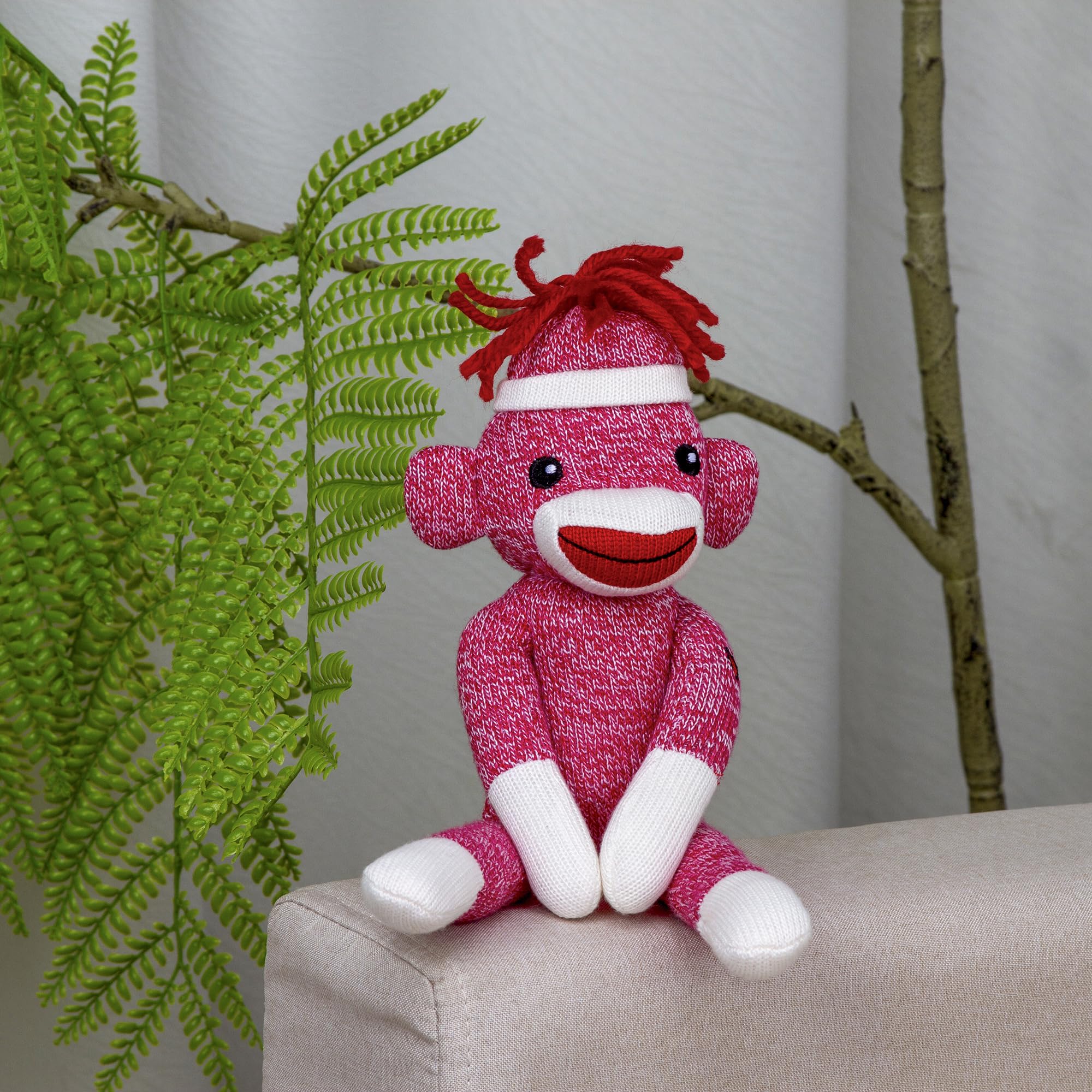 Plushland 8-Inch Pink Sock Monkey – Soft Knitted Stuffed Animal with Embroidered Face and Red Heel