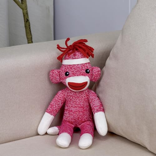 Plushland 8-Inch Pink Sock Monkey – Soft Knitted Stuffed Animal with Embroidered Face and Red Heel